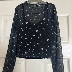 Old Navy Black Sheer Long-Sleeve Top with Cream Floral Print